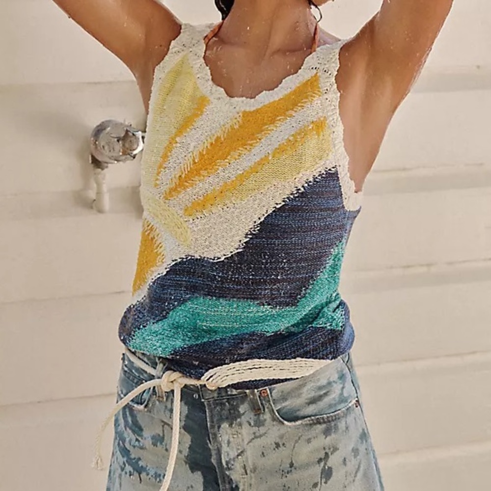 Anthropologie Multicolor Knit Tank Top in White, Yellow, Blue, Teal